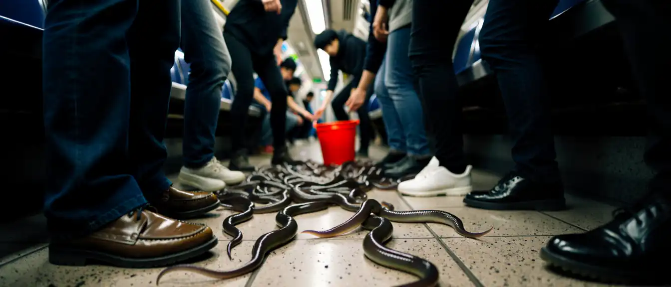Рыбный хаос в вагоне: в метро Нанкина пассажиры спасали угрей из разлитого ведра